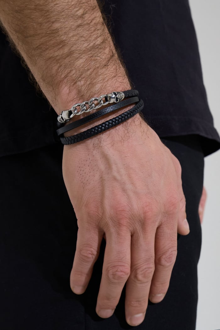 Men's bracelet braided with links - Silver color/black Picture3