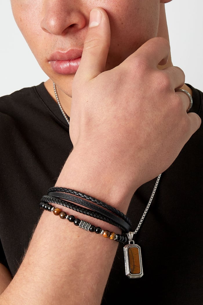 Mannenarmband dubbel gevlochten met kralen - zilver/zwart h5Afbeelding3