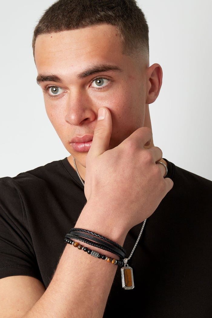 Mannenarmband dubbel gevlochten met kralen - zilver/zwart h5Afbeelding4