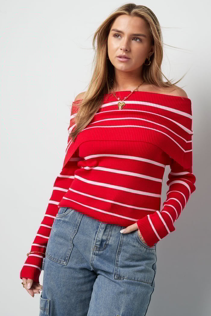 Gestreepte off shoulder top - Zwart & rood Afbeelding4