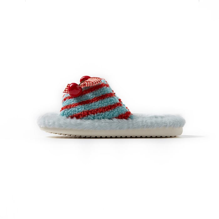 1 Pair Color-blocking Striped Bow Cherry Home Plush Slippers h5Picture2