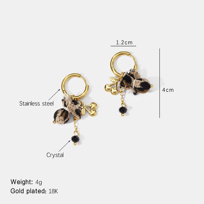 Leopard Fabric Cherry Stainless Steel Gold Color Drop Earrings