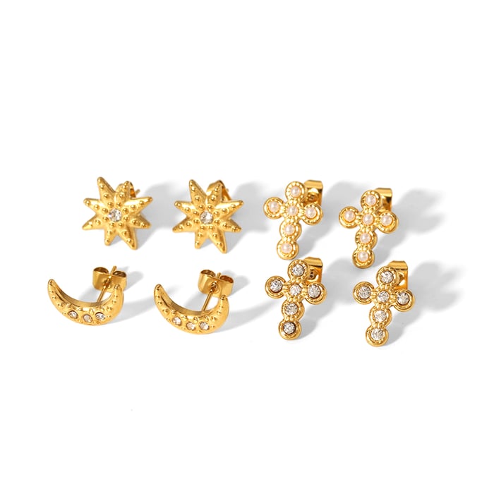 1 pair of fashionable and exquisite  gold-plated stainless steel dot diamond eight-pointed star pearl cross earrings for women's jewelry for daily wear h5Picture3