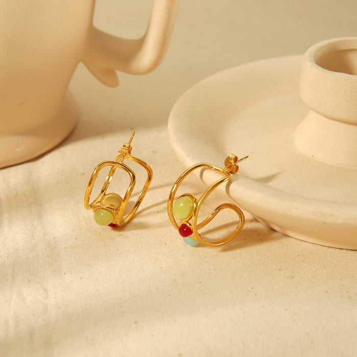 1 pair of creative and fashionable  gold-plated stainless steel hollow geometric gemstone earrings for women for daily wear Picture5