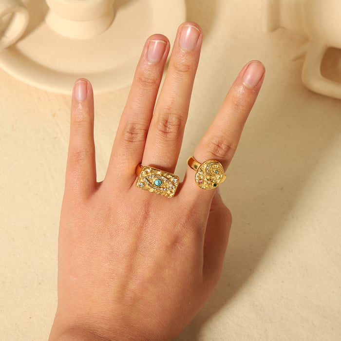 1 piece of fashionable  gold-plated stainless steel with colored diamond lava eye ring for women for daily wear Picture5