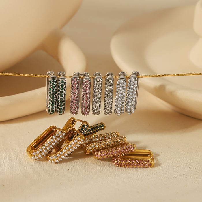 1 pair of stylish simple  gold-plated stainless steel rectangular diamond pearl earrings for women's jewelry for daily wear Picture3
