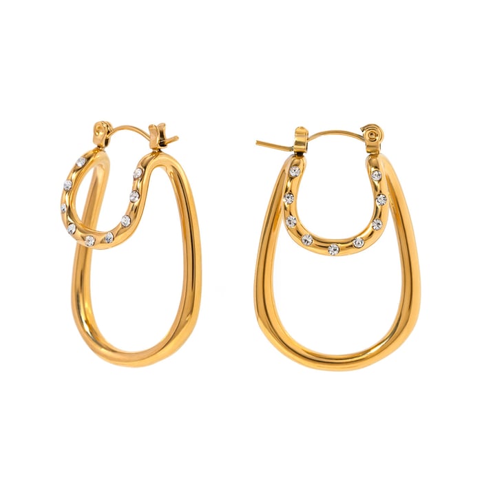 Cross-border new  style  gold stainless steel white rhinestone double-layer arc earrings light luxury high-end exaggerated earrings h5Picture5
