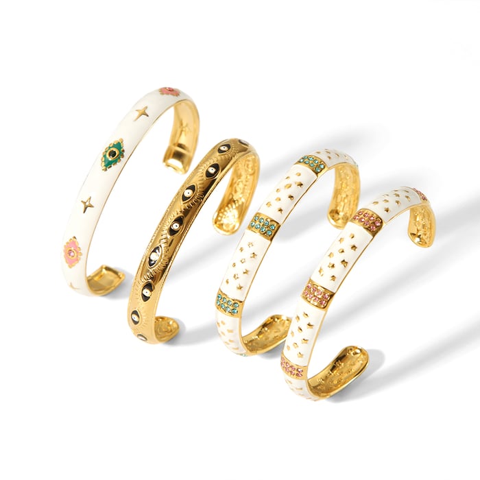 1 Stück elegantes und modisches offenes Armband aus 18 Karat vergoldetem Edelstahl mit farbigen Tropfenöl-Intarsien aus Zirkonia für Damenschmuck zum täglichen Tragen Bild5