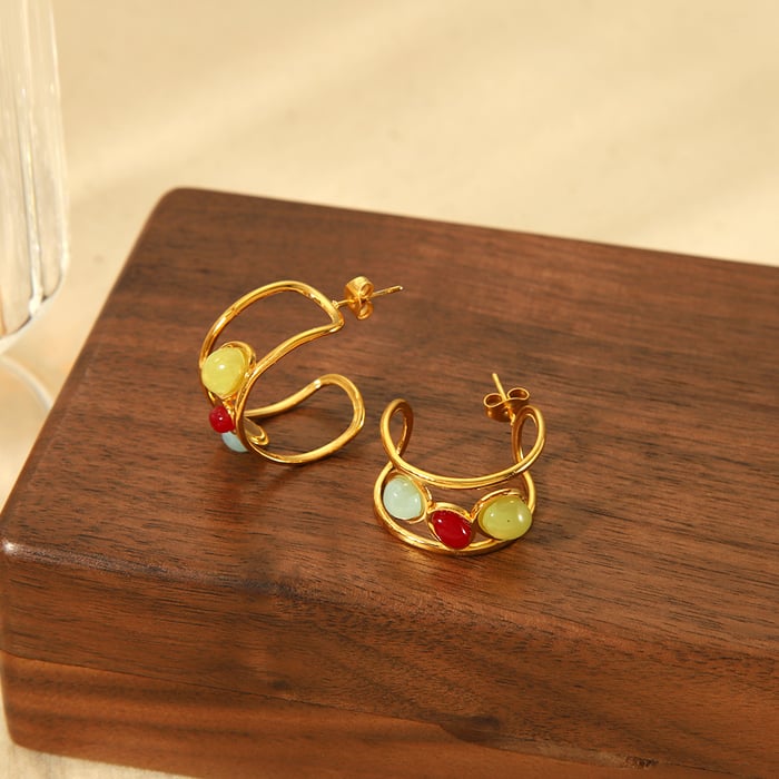 1 pair of creative and fashionable  gold-plated stainless steel hollow geometric gemstone earrings for women for daily wear Picture3