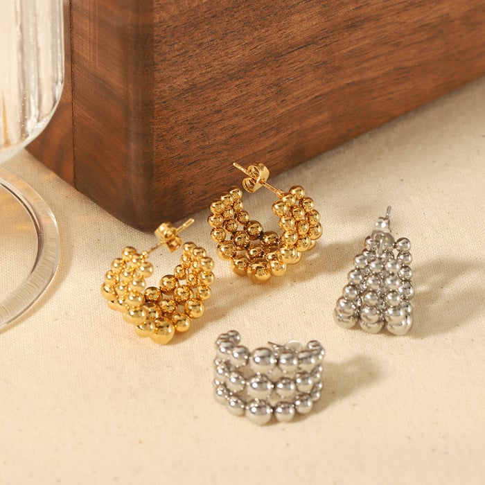 1 pair of creative and fashionable  gold-plated stainless steel round bead link C-shaped earrings suitable for women's daily wear Picture4