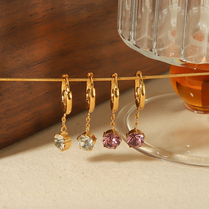 1 pair of simple and stylish  gold-plated stainless steel round diamond claw setting pendant earrings for women's jewelry for daily wear Picture3