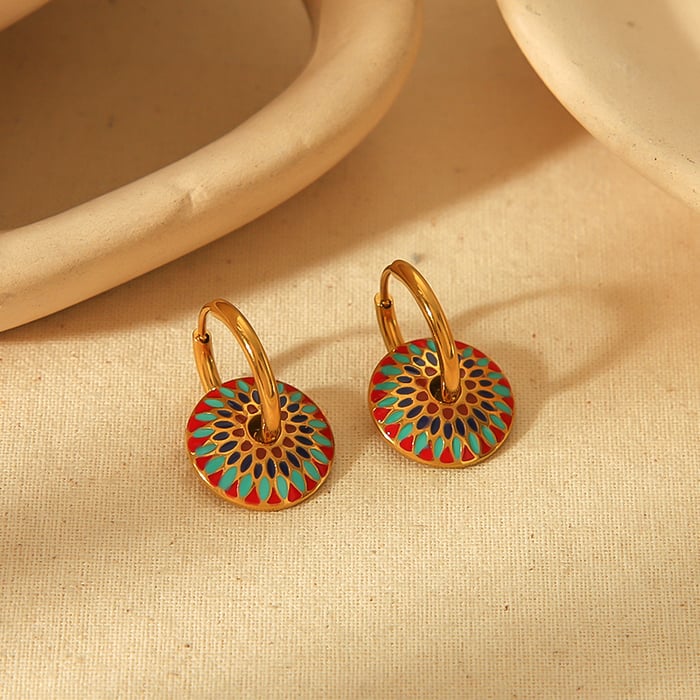 1 pair of fashion classic  gold-plated stainless steel vintage drip glaze color earrings ladies jewelry daily wear Picture3