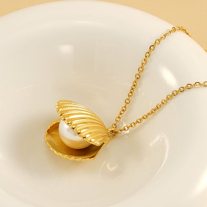 Collar con colgante de tortuga de acero de titanio chapado en oro de 18 quilates con perlas artificiales para mujer, serie simple, 1 unidad h5Imagen3
