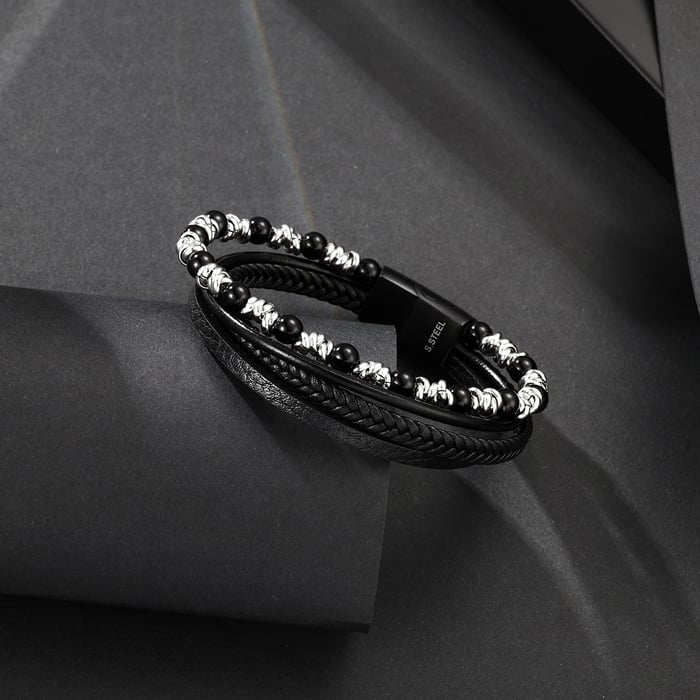 1 paio di braccialetti da uomo in pelle con perline retrò, semplici e naturali h5Immagine2