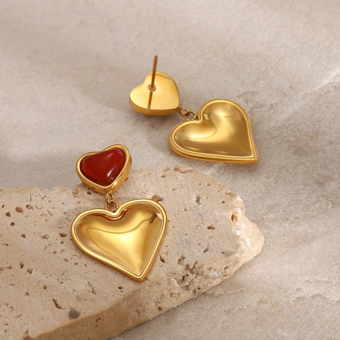 1 pair classic series sweet heart stainless steel  gold plated artificial gemstone women drop earrings h5Picture3