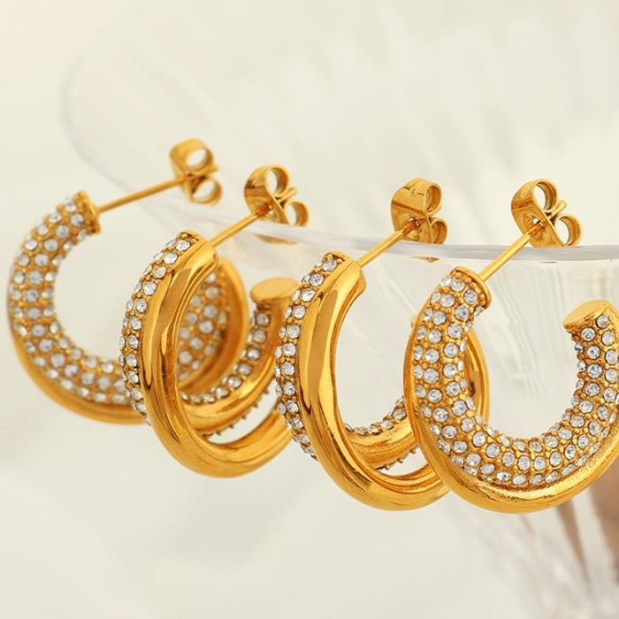 1 pair simple series classic geometric stainless steel  gold plated rhinestone women hoop earrings h5Picture6