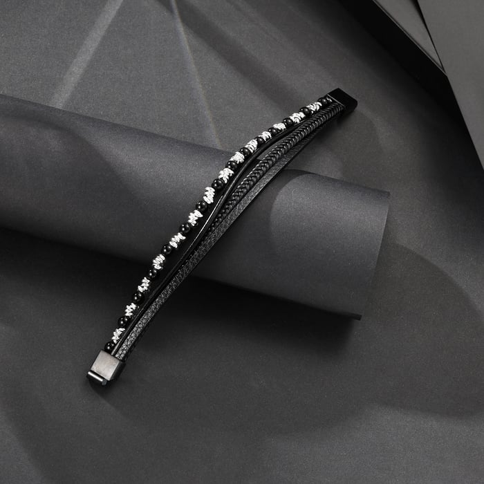 1 paio di braccialetti da uomo in pelle con perline retrò, semplici e naturali h5Immagine3