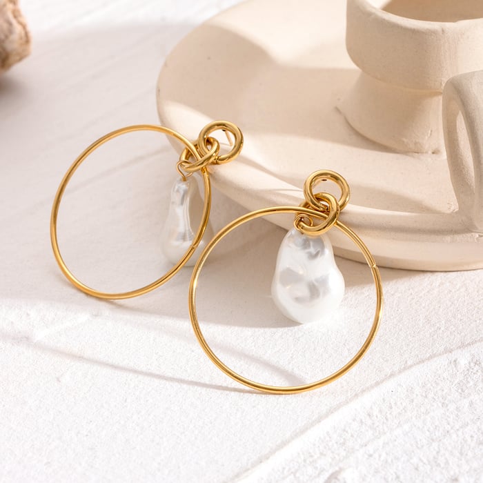 1 pair simple series elegant geometric stainless steel  gold plated artificial pearl women drop earrings h5Picture5