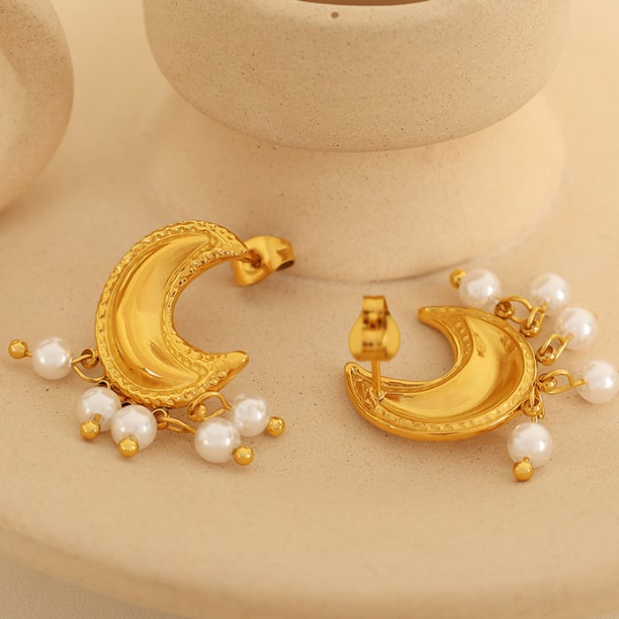 1 pair classic series retro sun/moon stainless steel  gold plated artificial pearl women stud earrings h5Picture4
