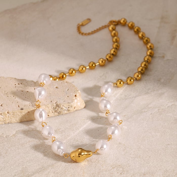 1 piece luxurious series  line stainless steel  gold plated artificial pearl women beaded necklaces h5Picture4