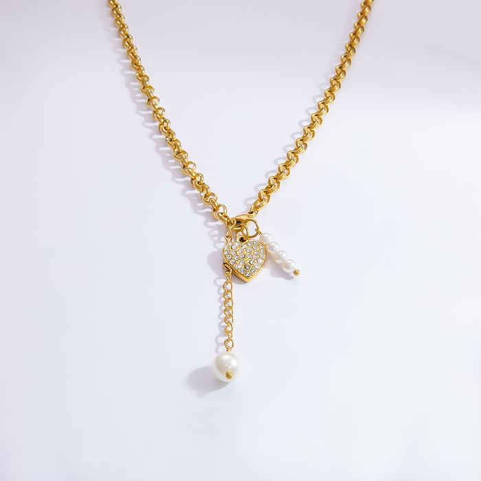 1 piece luxurious series elegant heart stainless steel  gold color plated artificial pearl women's pendant necklaces h5Picture7