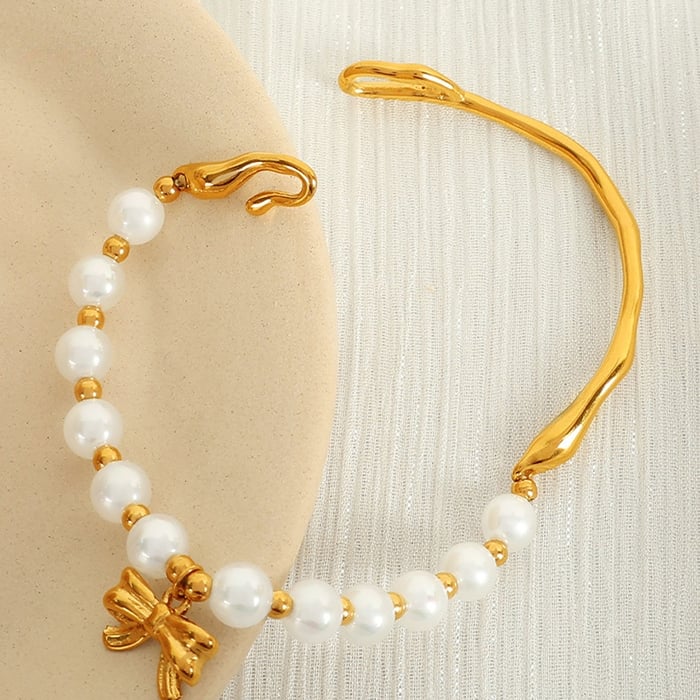 1 piece classic series retro bow knot stainless steel  gold plated artificial pearl women beaded bracelets h5Picture5