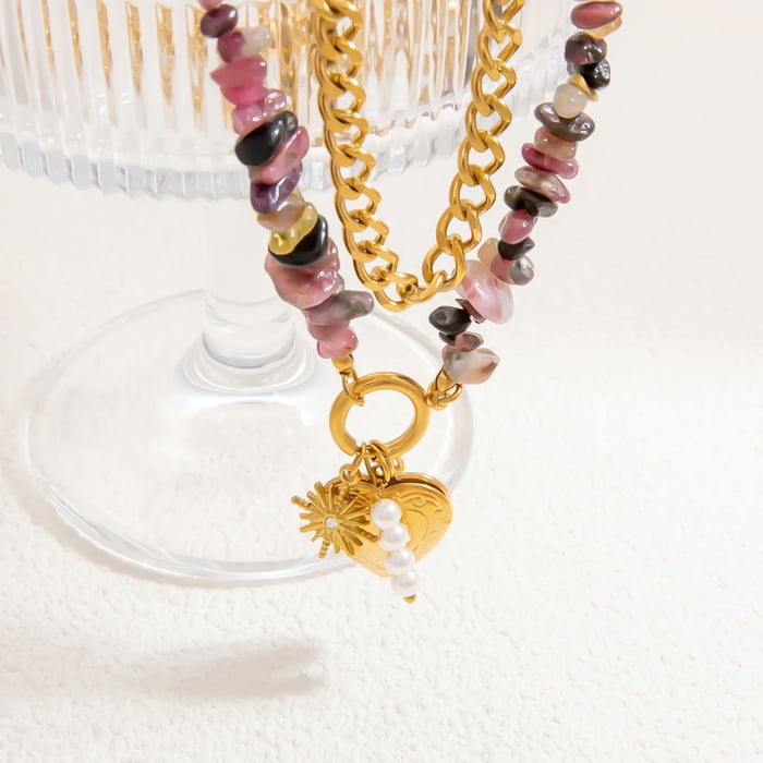 1 piece romantic series heart stainless steel  gold color plated natural stone women's pendant necklaces h5Picture8