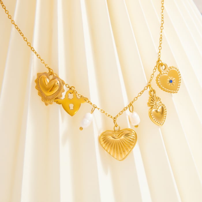 1 piece romantic series natural heart stainless steel  gold color plated artificial pearl women's pendant necklaces h5Picture4