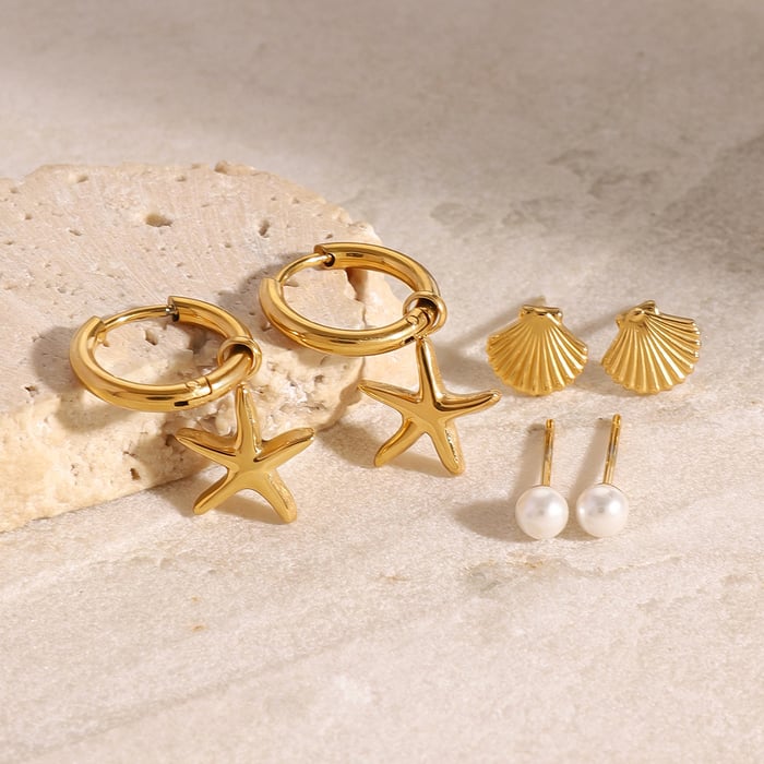 1 pair romantic series classic starfish stainless steel  gold plated artificial pearl women earrings set h5Picture5