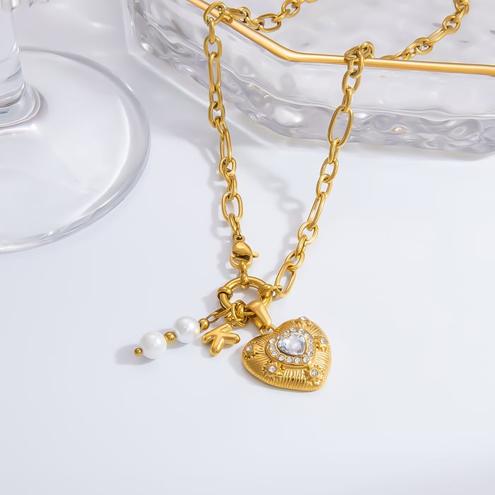 1 piece romantic series retro heart stainless steel  gold color plated rhinestone women's pendant necklaces h5Picture5