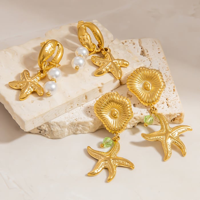 1 Pair Marine Series Vacation Conch Beach Stainless Steel Gold Color Women's Drop Earrings h5Picture3