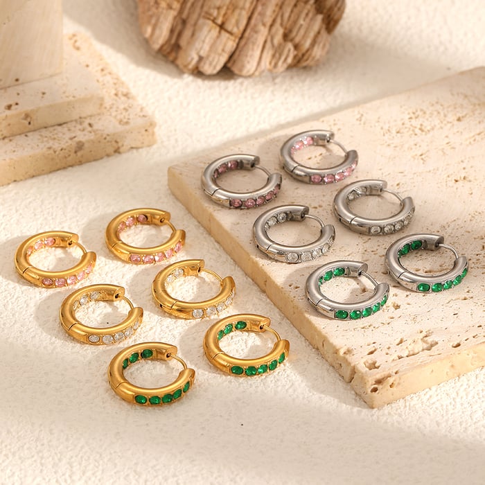 1 Pair Polychrome Series Shining Annular Stainless Steel Gold Color Zircon Women's Hoop Earrings Picture3