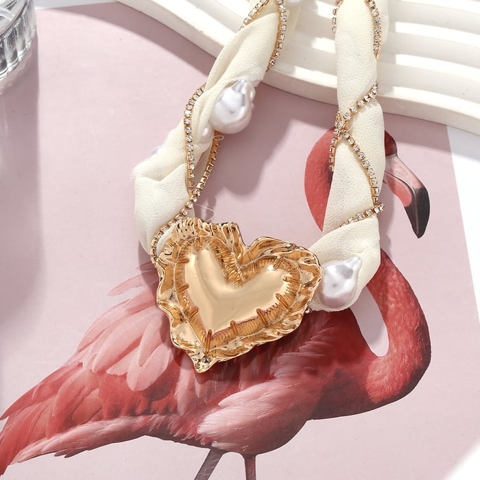 1 Piece French Pearl Mesh Braided Chain Alloy Heart Pendant Necklace h5Picture6