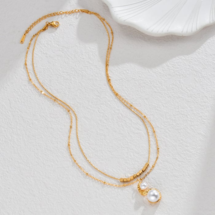 1 Stück Klassische Serie Elegante geometrische Edelstahl 14K vergoldete Kunstperle Damen-Mehrschicht-Halsketten h5Bild2