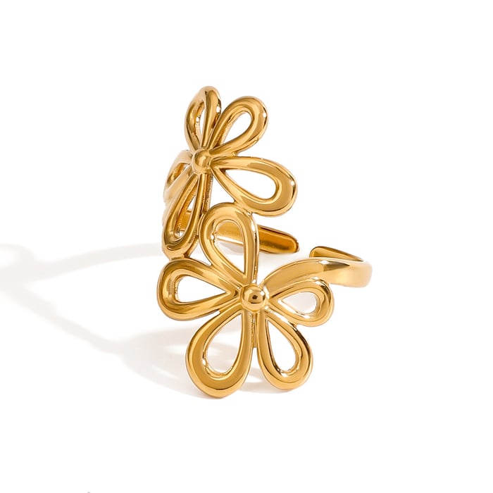 1 Piece Romantic Series Elegant Double Flowers Stainless Steel Gold Color Women's Adjustable Rings h5Picture8