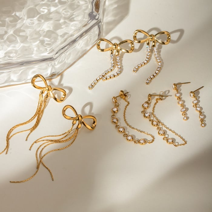 1 Pair Romantic Sweet Style Bowknot Shape Stainless Steel  Gold Inlay Zircons Women's Drop Earrings h5Picture3