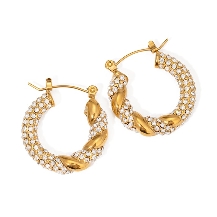 1 pair simple series classic twist stainless steel  gold plated rhinestone women hoop earrings Picture5