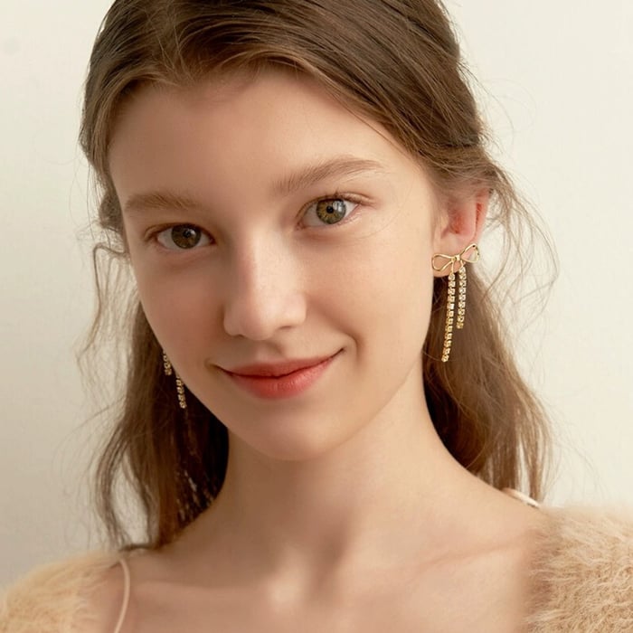 1 Pair Romantic Sweet Style Bowknot Shape Stainless Steel  Gold Inlay Zircons Women's Drop Earrings h5Picture5