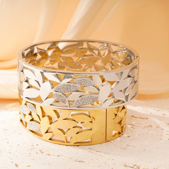 1 Piece Intricate Series Natural Leaves Stainless Steel Gold Color Women's Bangles h5Picture4