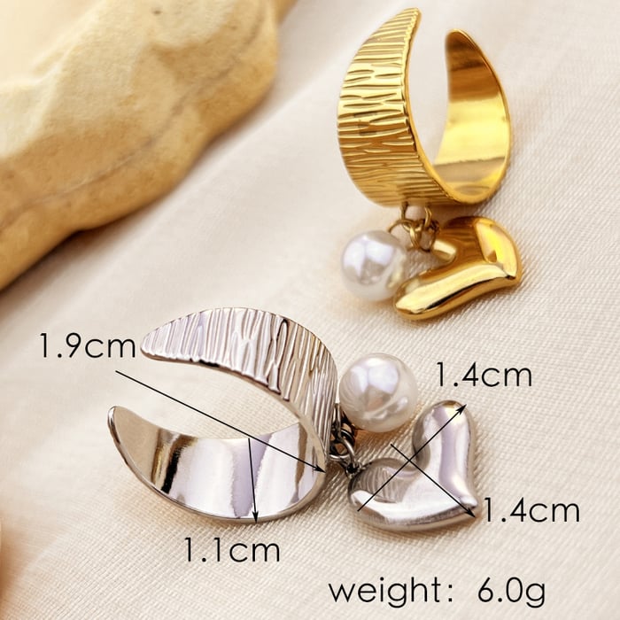 Anillo ajustable para mujer de acero inoxidable con perla artificial y corazón retro de serie simple de 1 pieza Imagen6