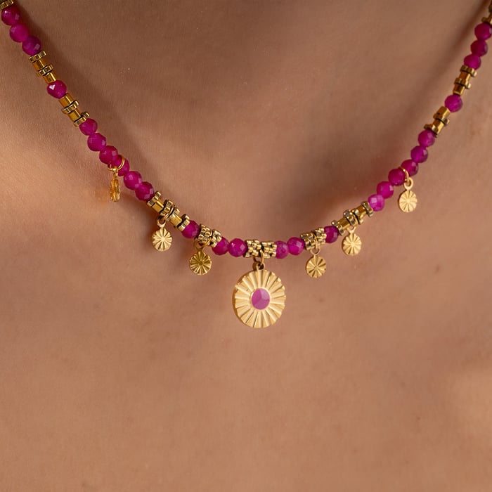 1 Piece Intricate Series Retro Circle Stainless Steel Gold Color Pink Natural Stone Women's Pendant Necklaces h5Picture7