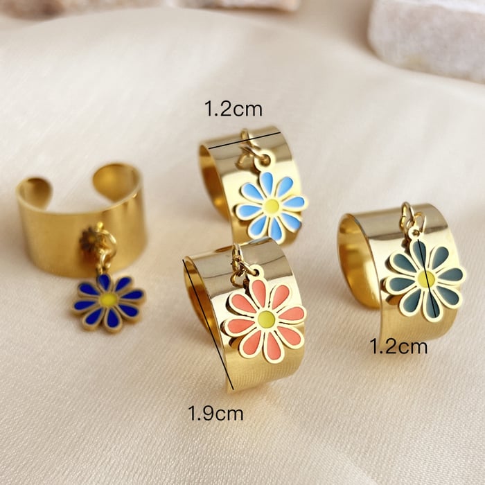 1 Piece Romantic Series Colorful Natural Daisy Dangle Stainless Steel Gold Color Women's Adjustable Rings h5Picture5