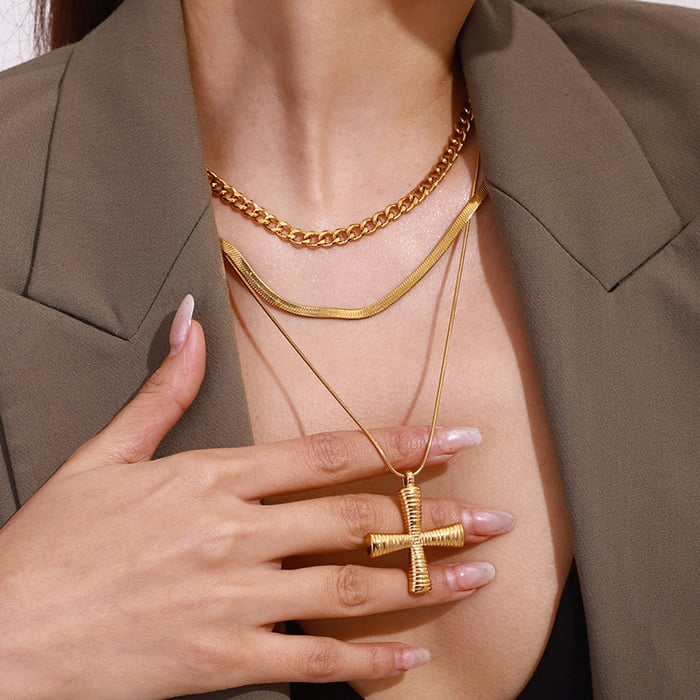 1 Piece Modern Series Daily Streamline Cross Stainless Steel Gold Color Women's Pendant Necklaces h5Picture5