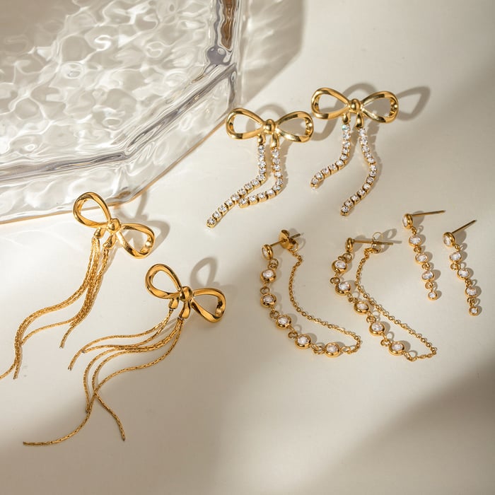 1 Pair Romantic Sweet Style Bowknot Shape Stainless Steel  Gold Inlay Zircons Women's Drop Earrings h5Picture4
