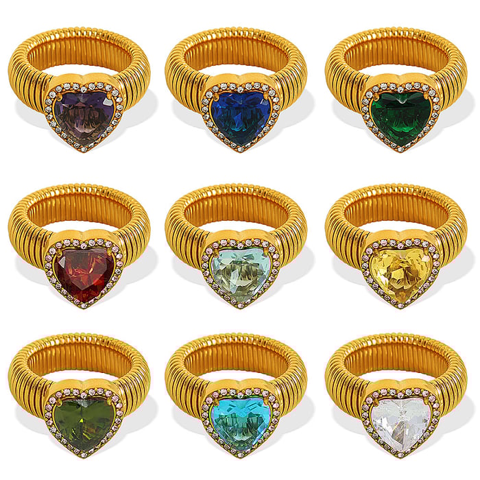 1 pair romantic series retro heart colorful stainless steel  gold color plated zircon women's single rings h5Picture6