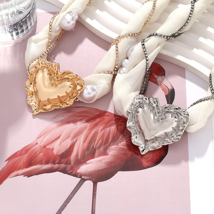 1 Piece French Pearl Mesh Braided Chain Alloy Heart Pendant Necklace h5Picture7
