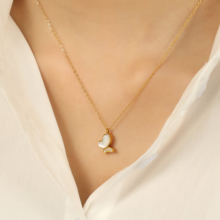 1 piece classic series natural butterfly titanium steel  gold color plated shell women's pendant necklaces h5Picture5