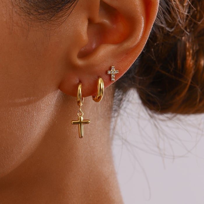 1 pair simple series elegant cross stainless steel  gold plated rhinestone women earrings set h5Picture4