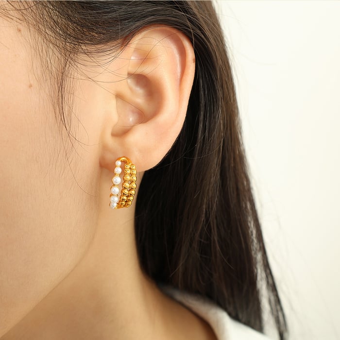 1 pair classic series retro beads stainless steel  gold plated artificial pearl women hoop earrings h5Picture5