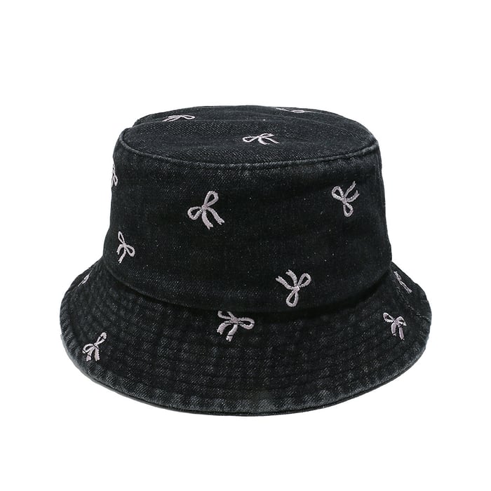 1 Piece Denim Bow Embroidered Fisherman Hat